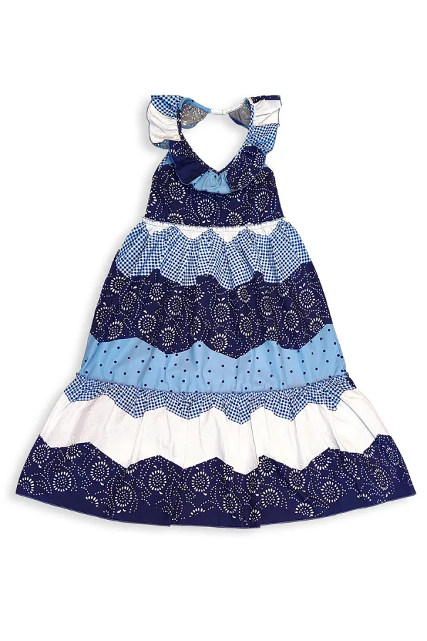 Lacivert Beyaz Desenli Kız Çocuk Poplin Elbise