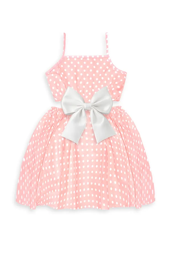 Robe rose à pois pour filles avec ruban blanc