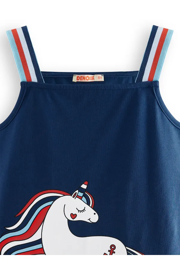 Denizci Unicorn Lacivert Kız Çocuk Elbise
