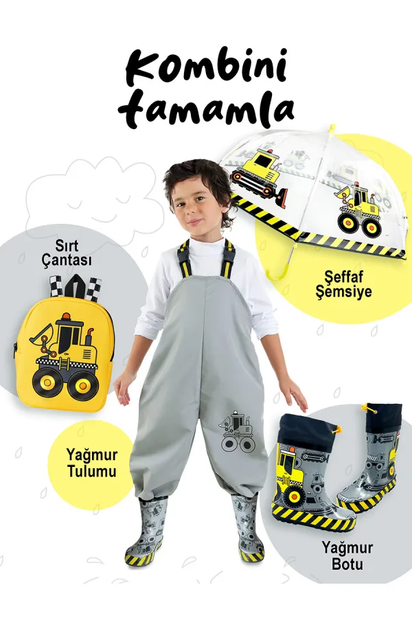 İnşaat Aracı Erkek Çocuk Su Partisi Yağmur Tulumu İnşaat Aracı Erkek Çocuk Su Partisi Yağmur Tulumu