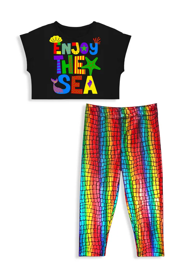Renkli Varak Kız Çocuk Crop T-shirt Tayt Takım