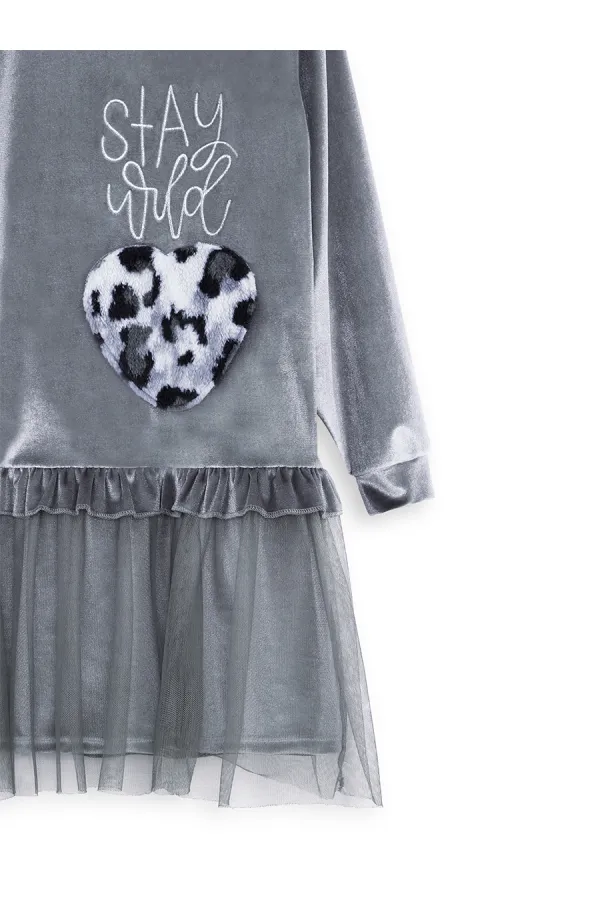 Robe en velours gris à poches pour fille, imprimé léopard