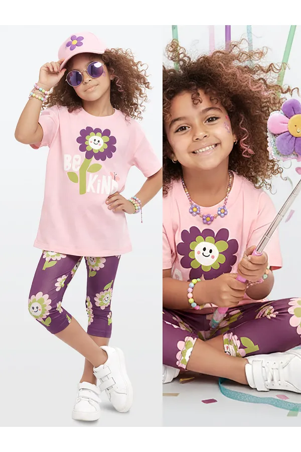 Pembe Çiçekler Kız Çocuk T-shirt Tayt Takım