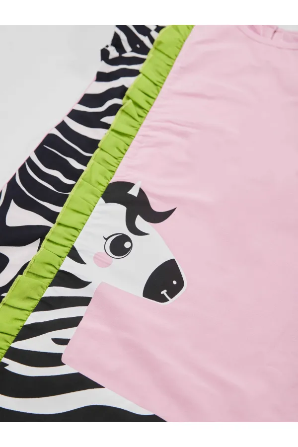 Fırfırlı Zebra Kız Çocuk Pembe Elbise