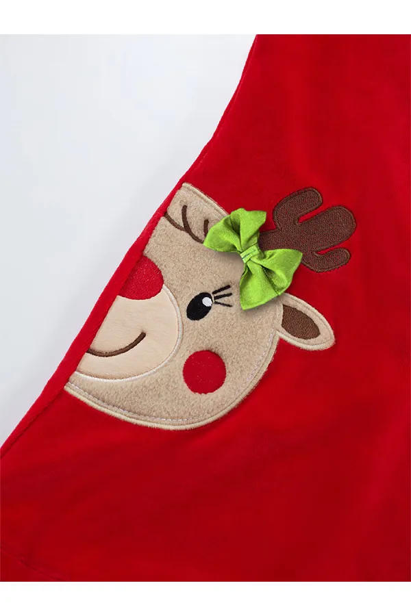 İkiz Geyik Kız Kadife Kırmızı Yılbaşı Elbisesi