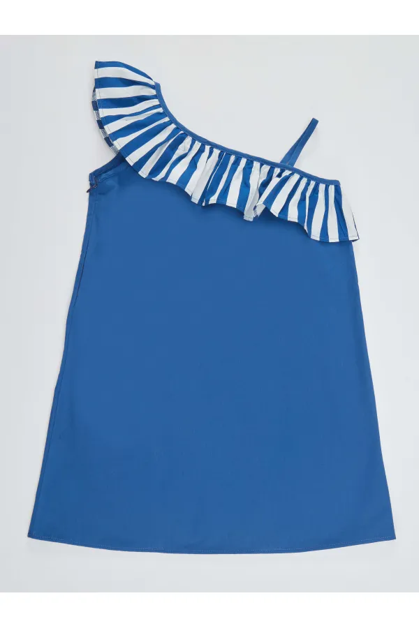 Strawberry Patterned Woven Girl's Navy Blue Dress