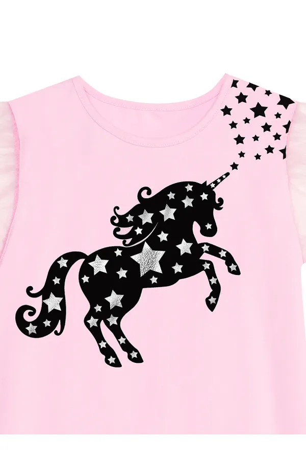 Yıldızlı Unicorn Kız Çocuk Pembe Tüllü Elbise