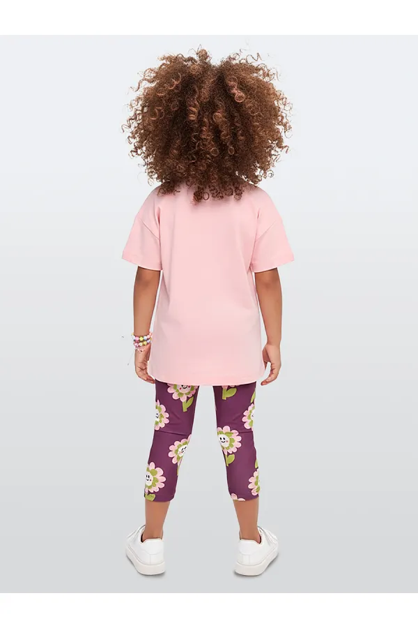 Pembe Çiçekler Kız Çocuk T-shirt Tayt Takım