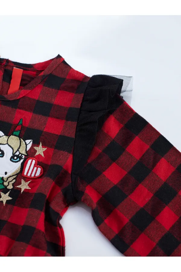 Robe de Noël rouge à carreaux licorne en tulle pour petite fille