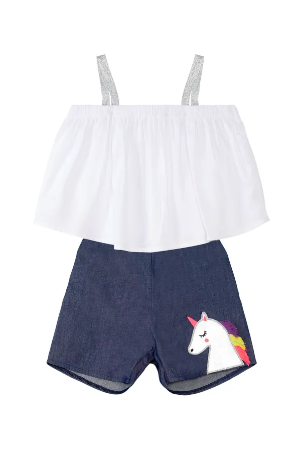 Renkli Püsküllü Unicorn Kız Bluz Denim Şort Takım