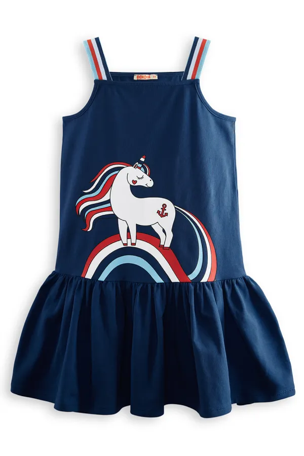 Denizci Unicorn Lacivert Kız Çocuk Elbise