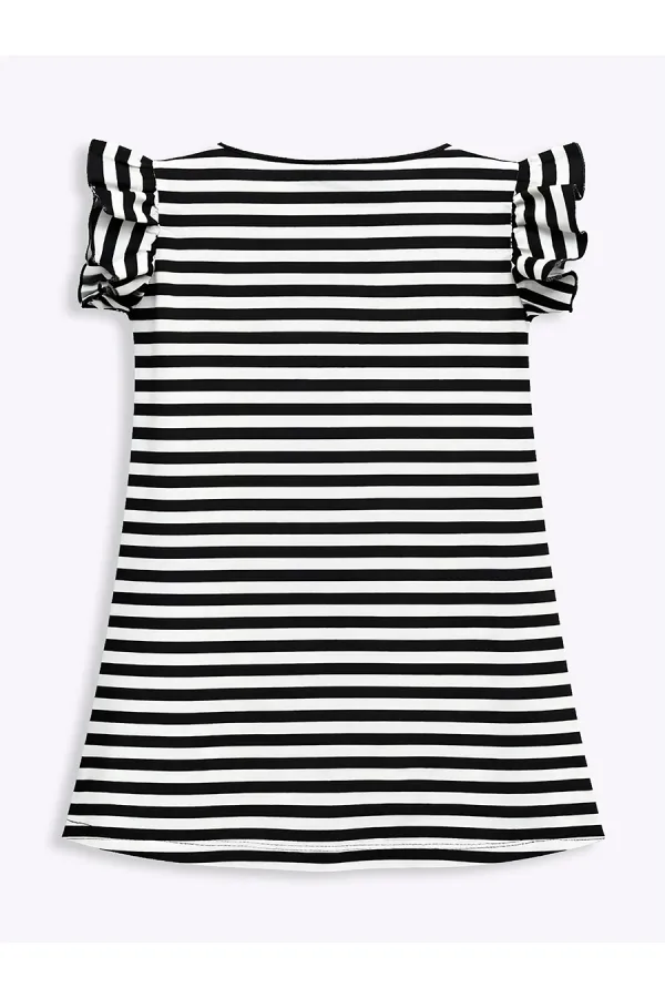 Black and White Striped Girl's Dress with Red Daisy Pockets