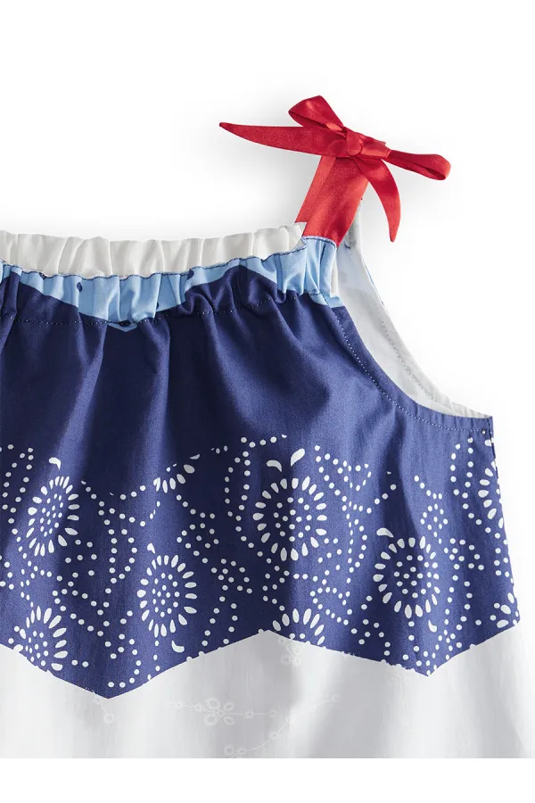 Lacivert Beyaz Desenli Poplin Kız Çocuk Elbise