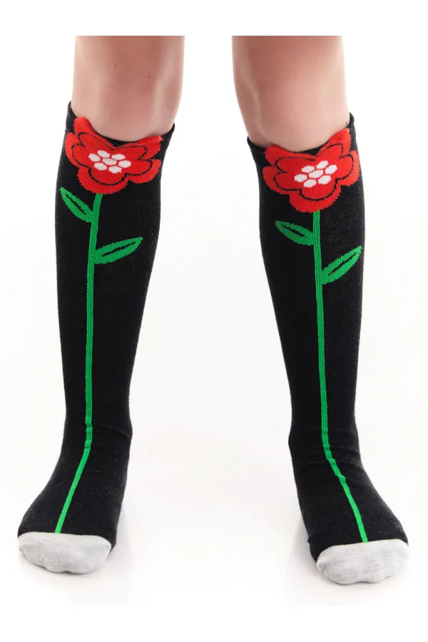 Poppy Flower Girl's Knee-High Socks Black