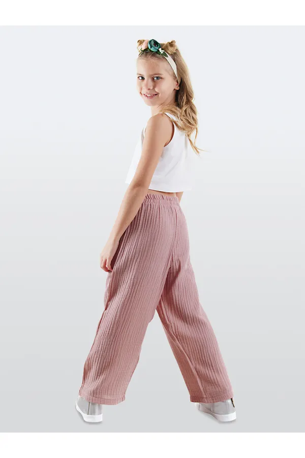 Çiçekli Kız Çocuk Pembe Müslin Pantolon Takımı
