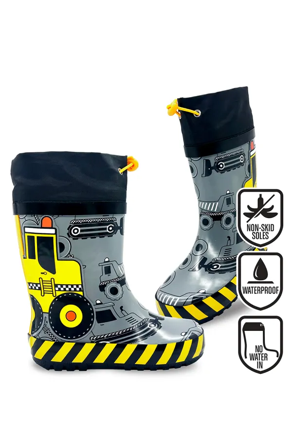 Bottes de pluie grises pour garçons, motif véhicules de chantier