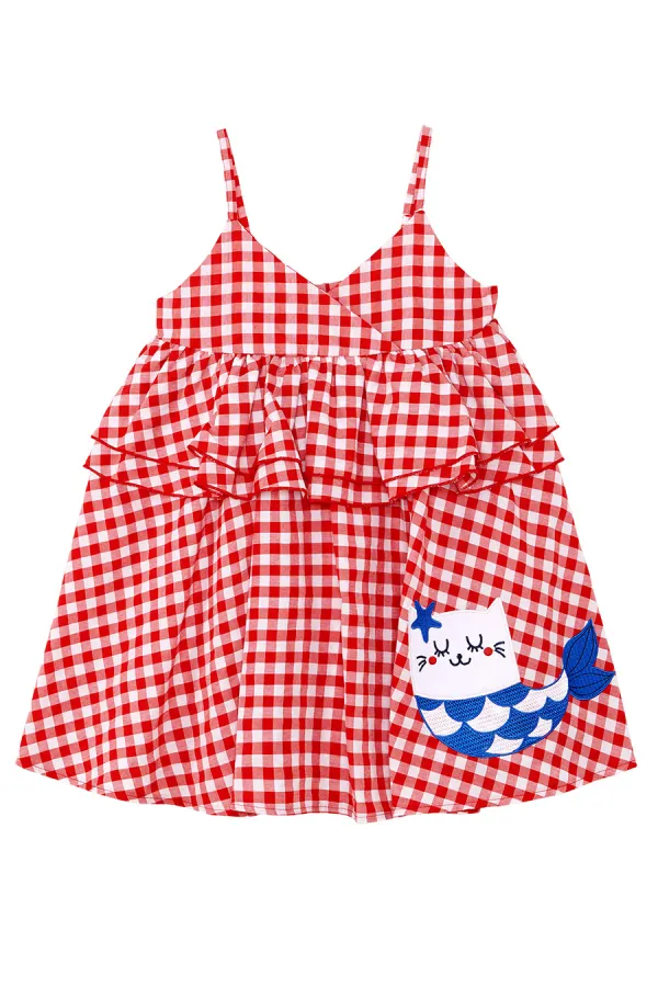 Robe à carreaux rouges pour fille chat de mer