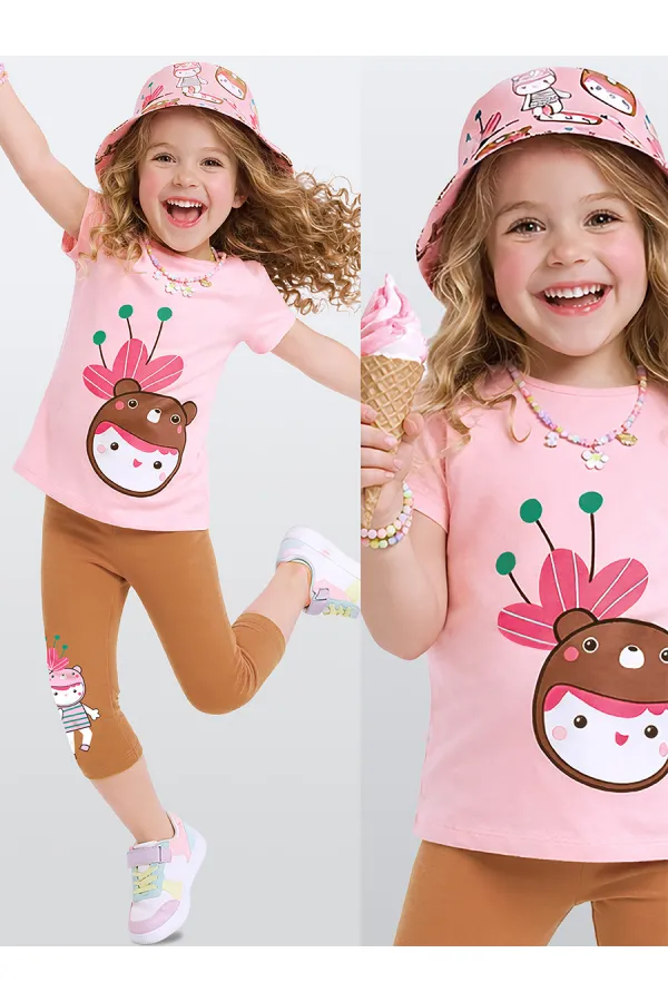 Ayı Şapkalı Kız Çocuk T-shirt Tayt Takım