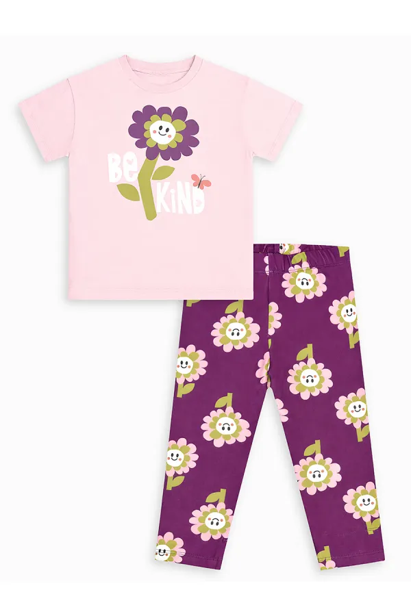 Pembe Çiçekler Kız Çocuk T-shirt Tayt Takım