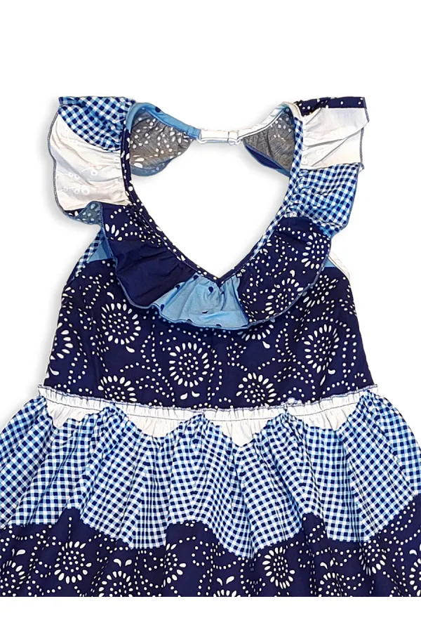 Lacivert Beyaz Desenli Kız Çocuk Poplin Elbise