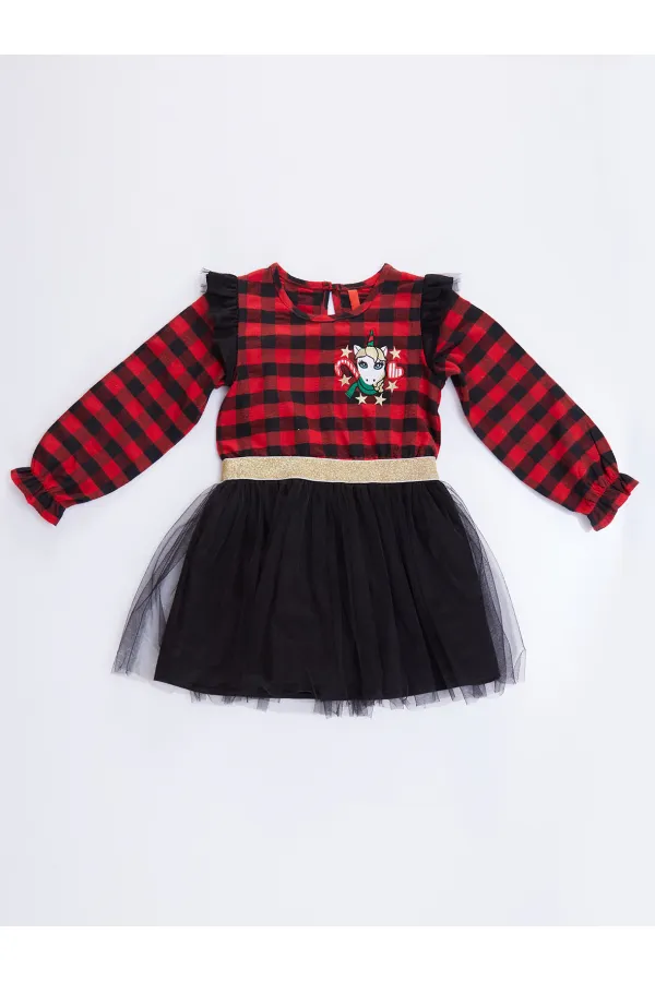 Robe de Noël rouge à carreaux licorne en tulle pour petite fille