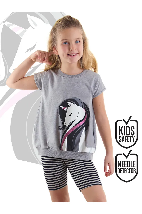 Elegant Unicorn Girl's Grey and Black Tunic and Leggings Set