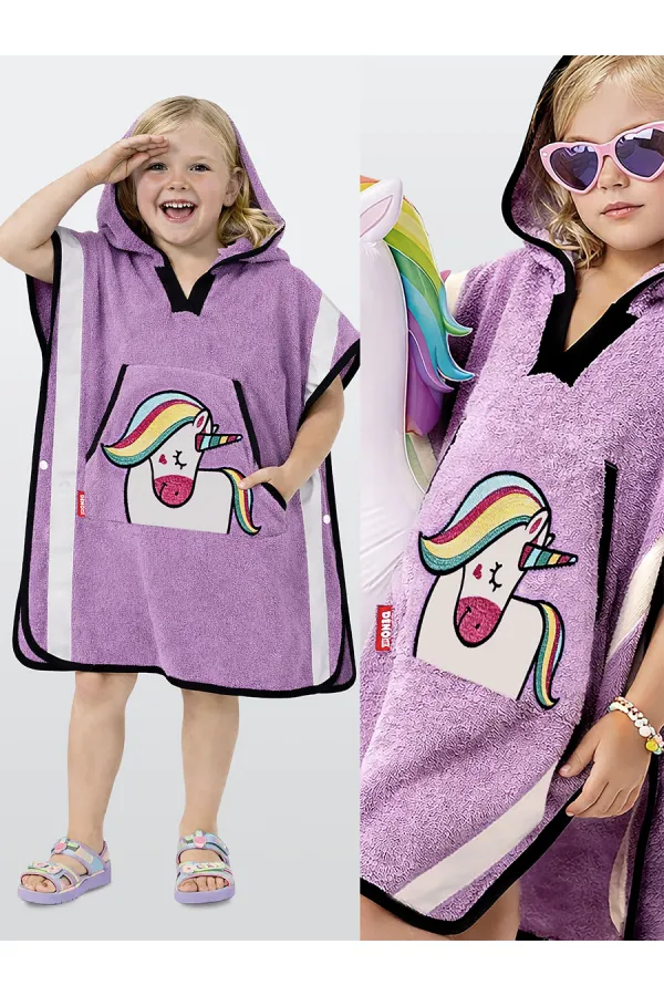 Lila Unicorn Kız Çocuk Panço Bornoz
