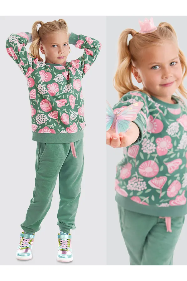 Ensemble de survêtement vert à fleurs roses pour fille