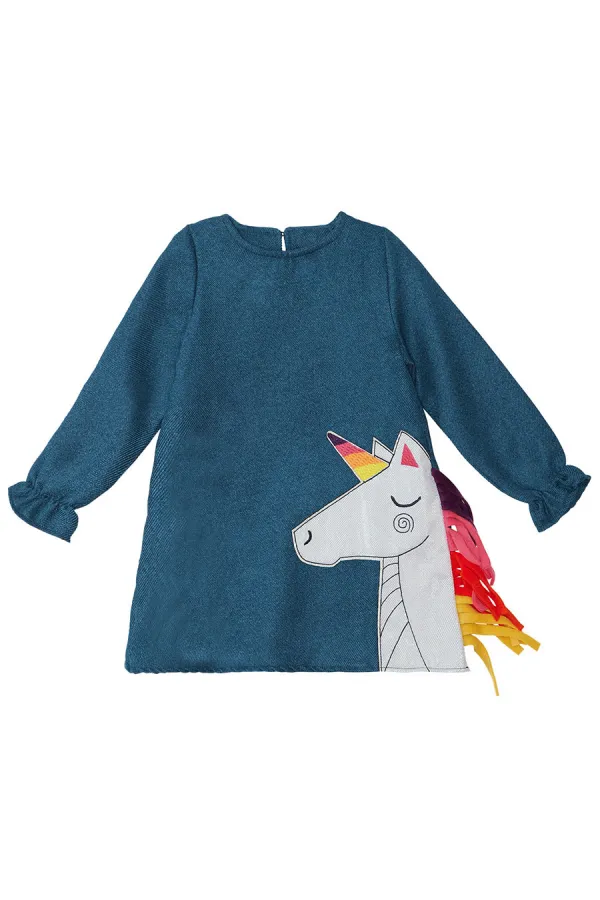 Renkli Unicorn Kız Çocuk Dokuma Elbise