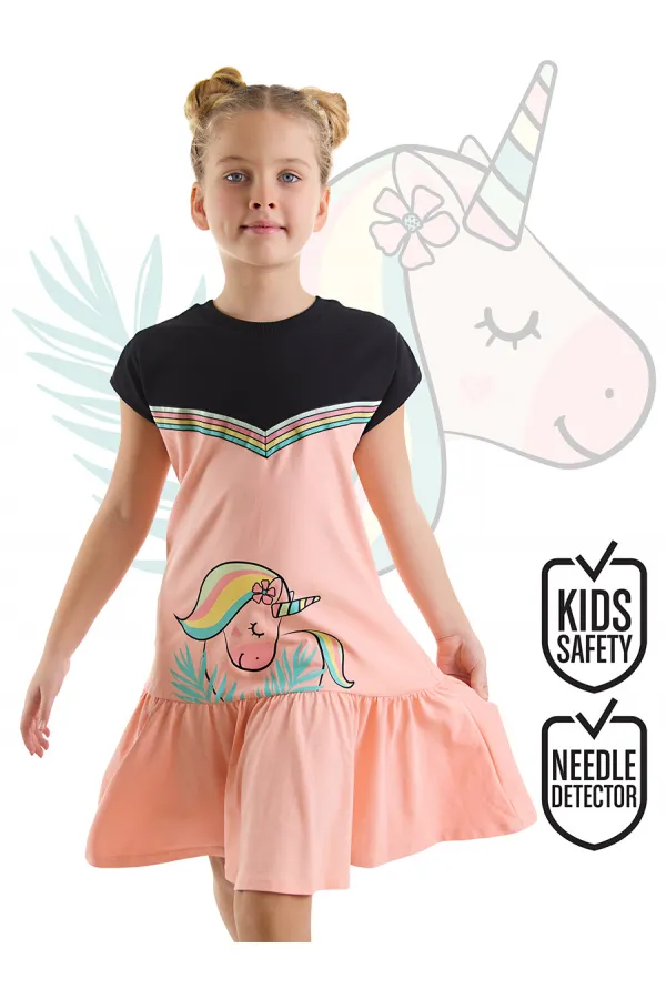 Robe saumon noire à motif licorne florale pour fille