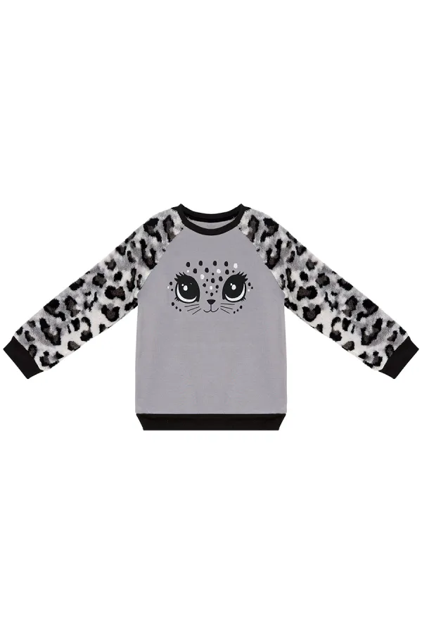 Leopar Peluş Kız Çocuk Sweat