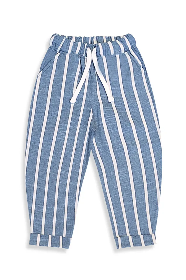 Blue and White Striped Unisex Kids' Trousers