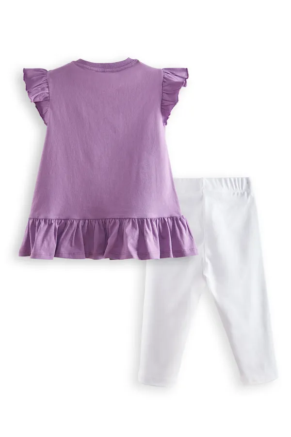 Floral Cat Girl's Purple T-shirt and Leggings Set