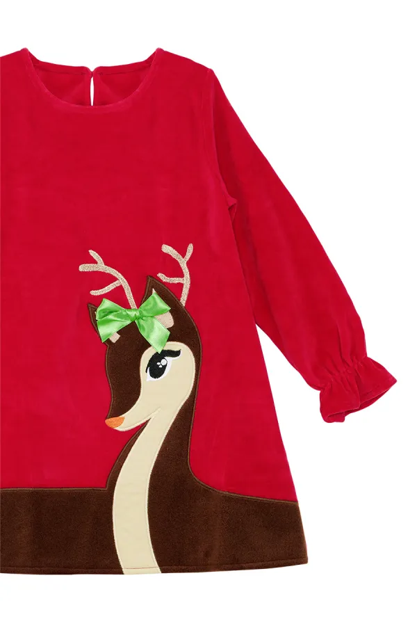 Yavru Geyik Kız Kadife Kırmızı Yılbaşı Elbisesi