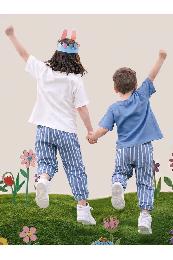 Blue and White Striped Unisex Kids' Trousers