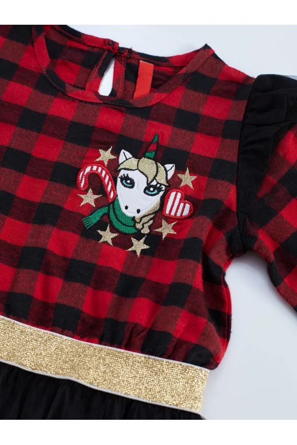 Robe de Noël rouge à carreaux licorne en tulle pour petite fille