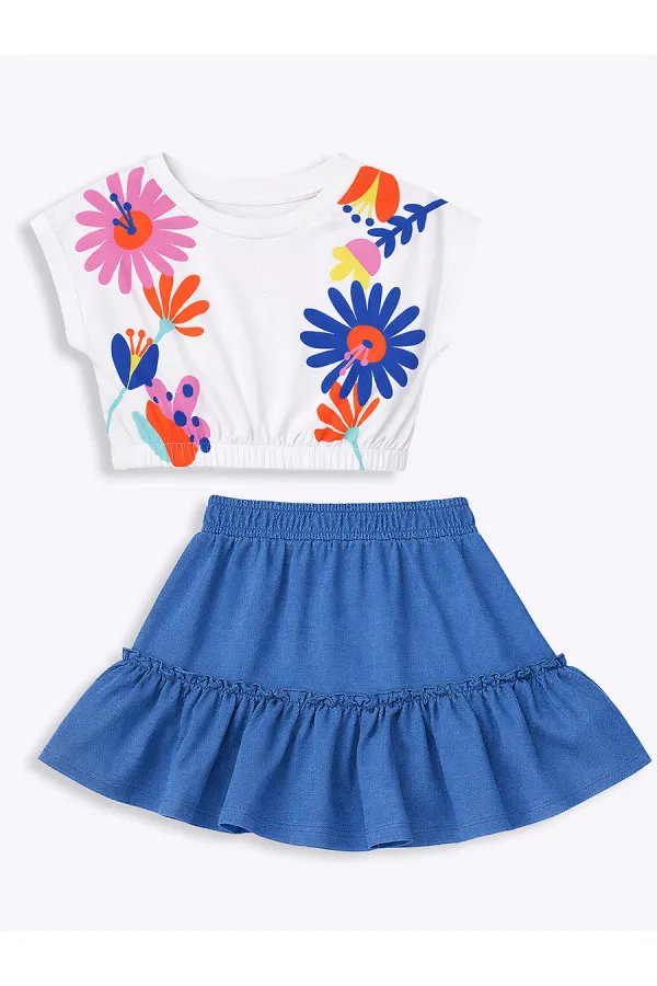 Renkli Çiçekler Kız Çocuk T-shirt Etek Takım