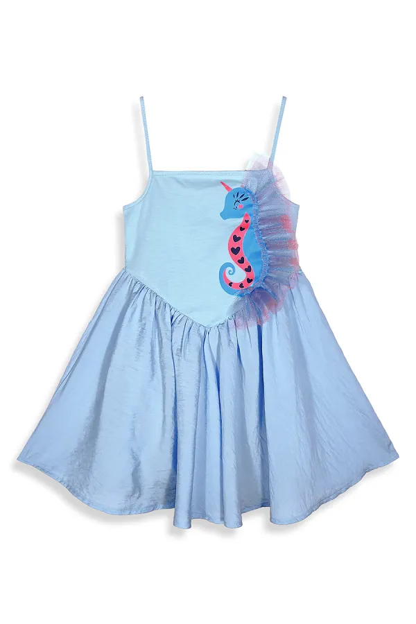 Seahorse Girl's Ruffled Blue Dress