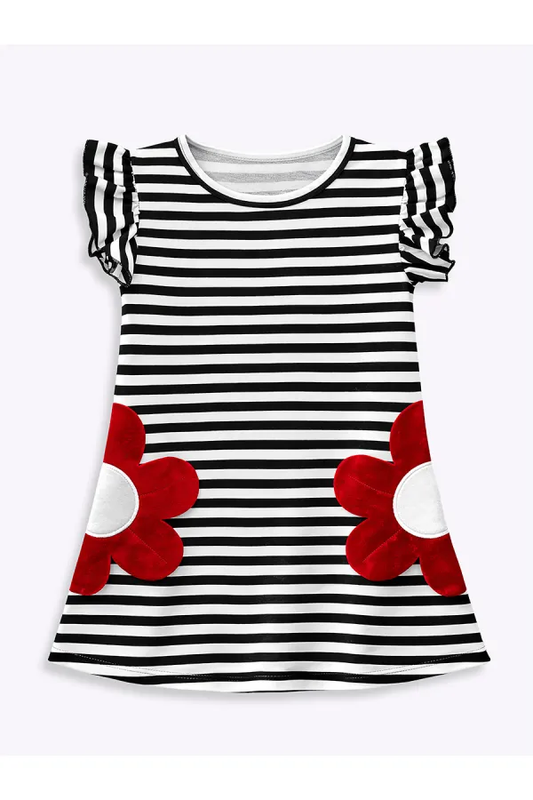 Black and White Striped Girl's Dress with Red Daisy Pockets