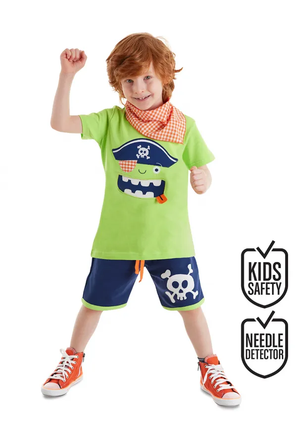 3D Yeşil Korsan Çocuk T-shirt Şort Bandana Takım