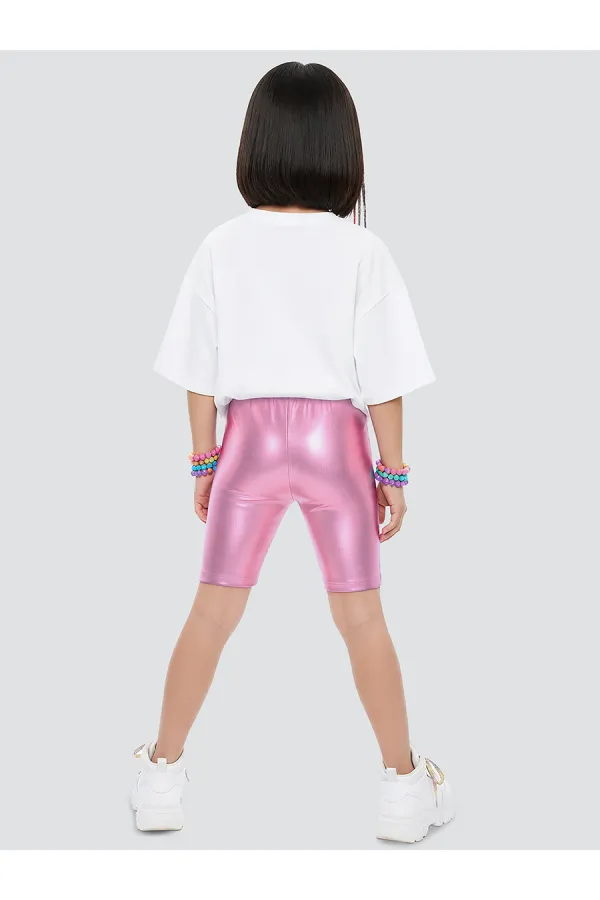 Kız Çocuk Diz Üstü Pembe Parlak Tayt