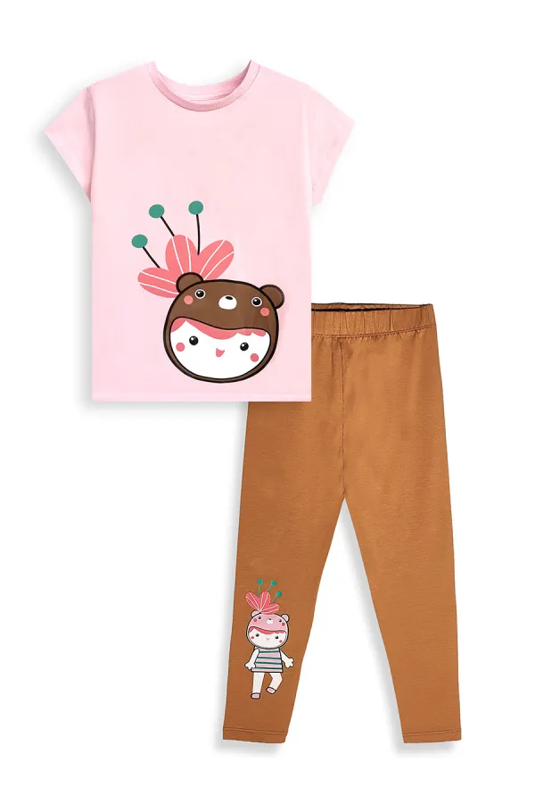 Ayı Şapkalı Kız Çocuk T-shirt Tayt Takım