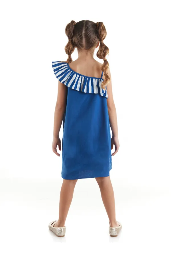 Strawberry Patterned Woven Girl's Navy Blue Dress