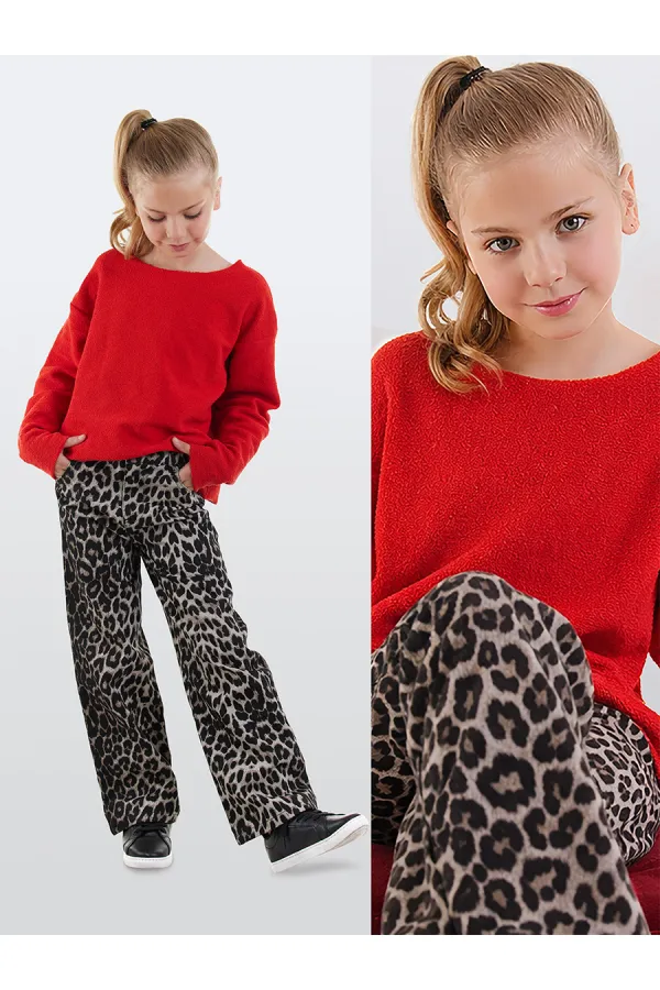 Pantalon en gabardine imprimé léopard pour filles