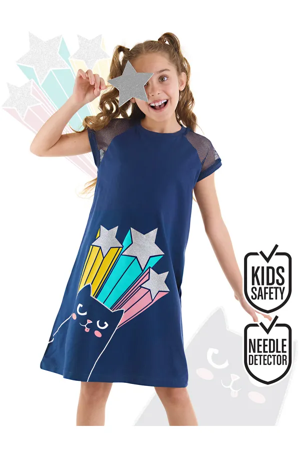 Bilmiş Kedi Kız Çocuk Lacivert Elbise