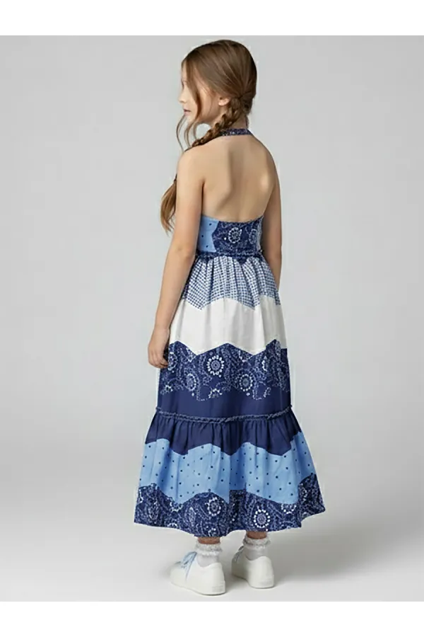 Lacivert Beyaz Desenli Kız Çocuk Poplin Elbise