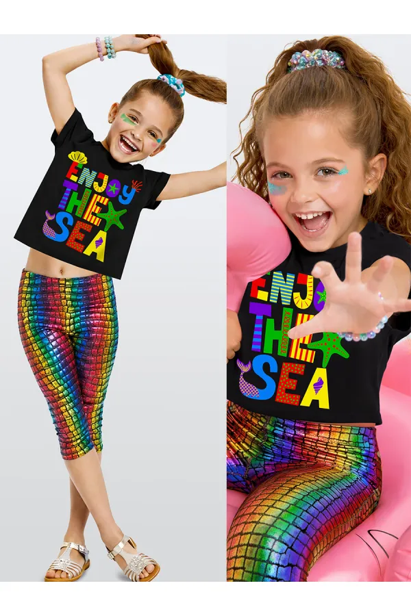 Renkli Varak Kız Çocuk Crop T-shirt Tayt Takım