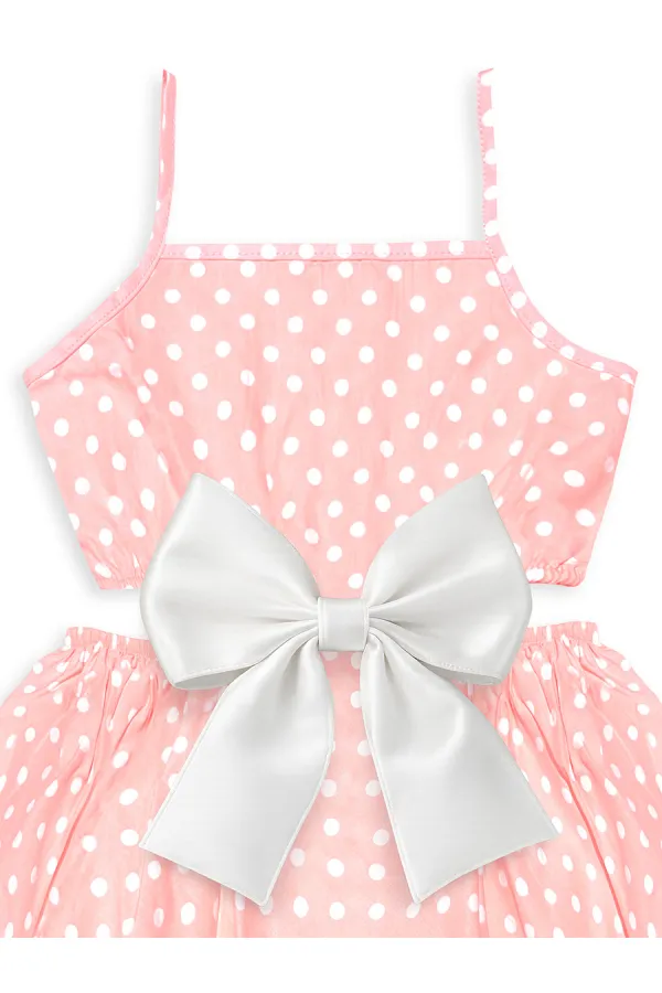 Robe rose à pois pour filles avec ruban blanc