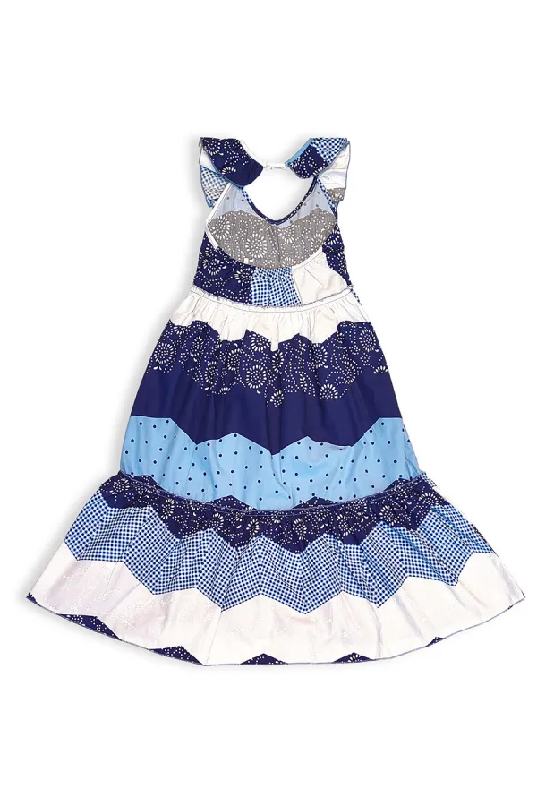 Lacivert Beyaz Desenli Kız Çocuk Poplin Elbise