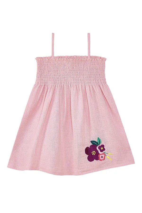 Çiçekli Gülkurusu Kız Baby Çocuk Müslin Askılı Lastikli Yazlık Elbise